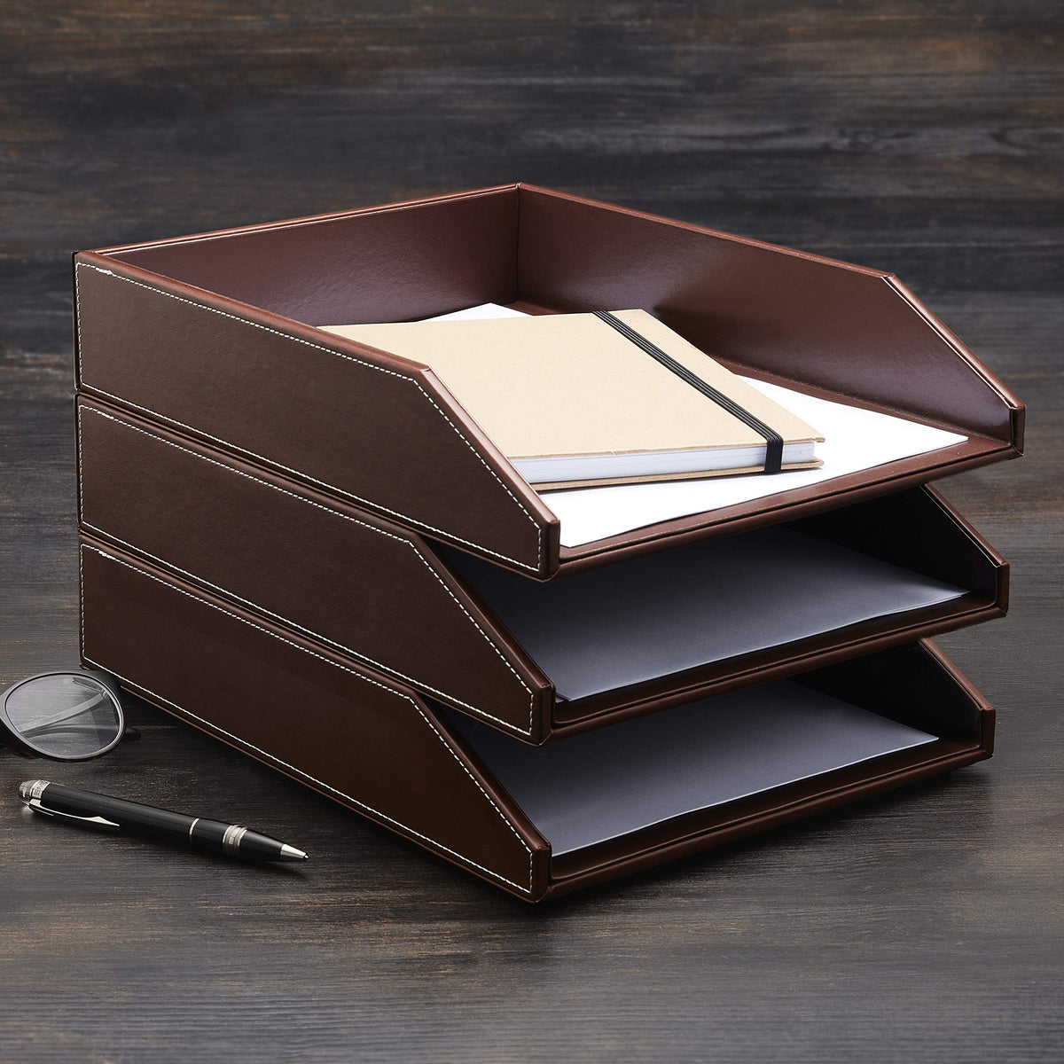 Gallaway Leather Letter Desk Organizer - Premium PU Leather Perfect for Office Organization, Document Holder Fits A4 Paper, Stackable Drawers for Extra Desk Storage