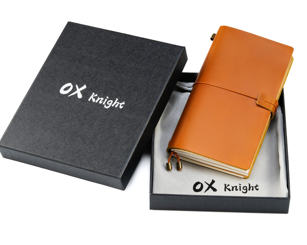 Ox Knight Refillable Leather Travelers Notebook, 8.6 x 4.9 Standard Size Travel Diary for Men and Women, Genuine Leather Travel Journal with 3 Notebook Inserts for Writing, Sketching & Planning, Light Brown
