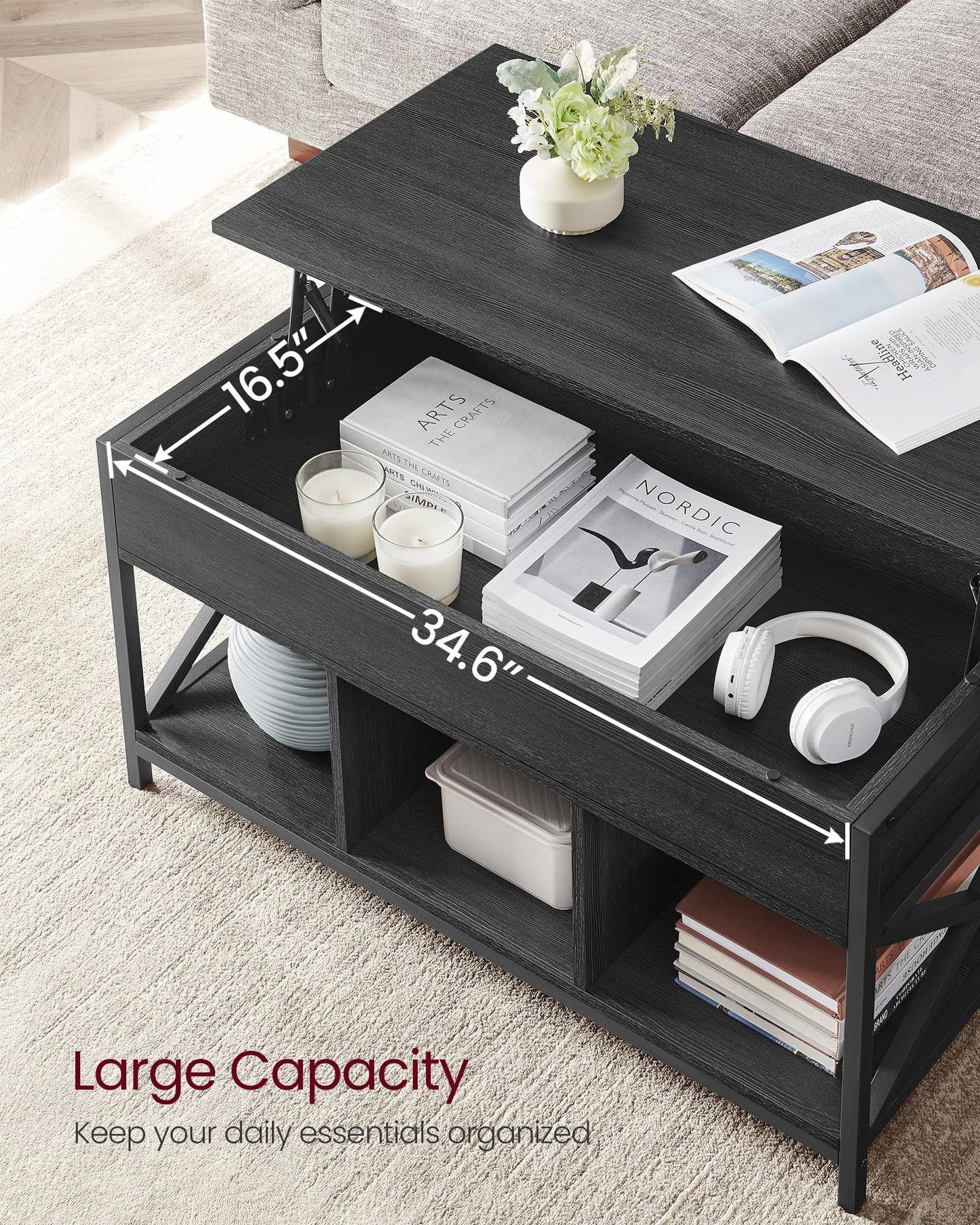VASAGLE Coffee Table Lift Top, 3 in 1 Center Table with Storage, Gas Spring, 2 Drawers and 3 Hidden Compartments, Open Shelf, for Living Room, Home Office, Honey Brown and Rustic White ULCT254W01