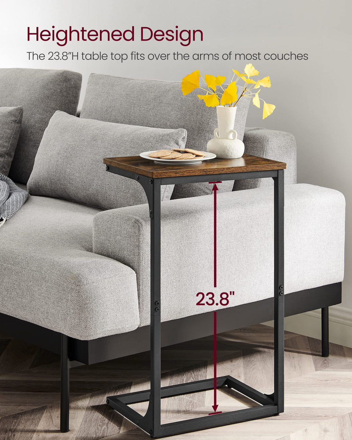 VASAGLE C-Shaped End Table, Side Table for Sofa, Couch Table with Metal Frame, Small TV Tray Table for Living Room, Bedroom, Rustic Brown and Black ULET353B01