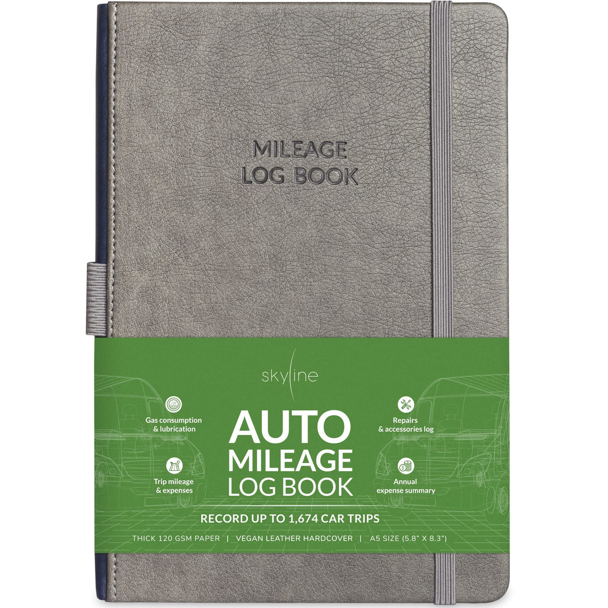 Skyline Auto Mileage Log Book – Vehicle Logbook with Expense Tracker – Driving Logger Book for Tracking Car Mileage, Expenses, Gas Consumption & Lubrication – Hardcover, A5 Size, 5.8x8.3″ (Gray)