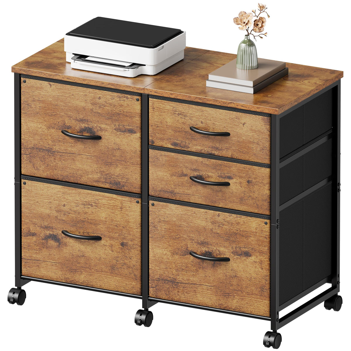 YeTom Lateral File Cabinet with 5 Drawers Rolling Filing Cabinets Under Desk Storage Printer Stand with Wheels,Mobile File Cabinet for Home Office,Rustic Brown