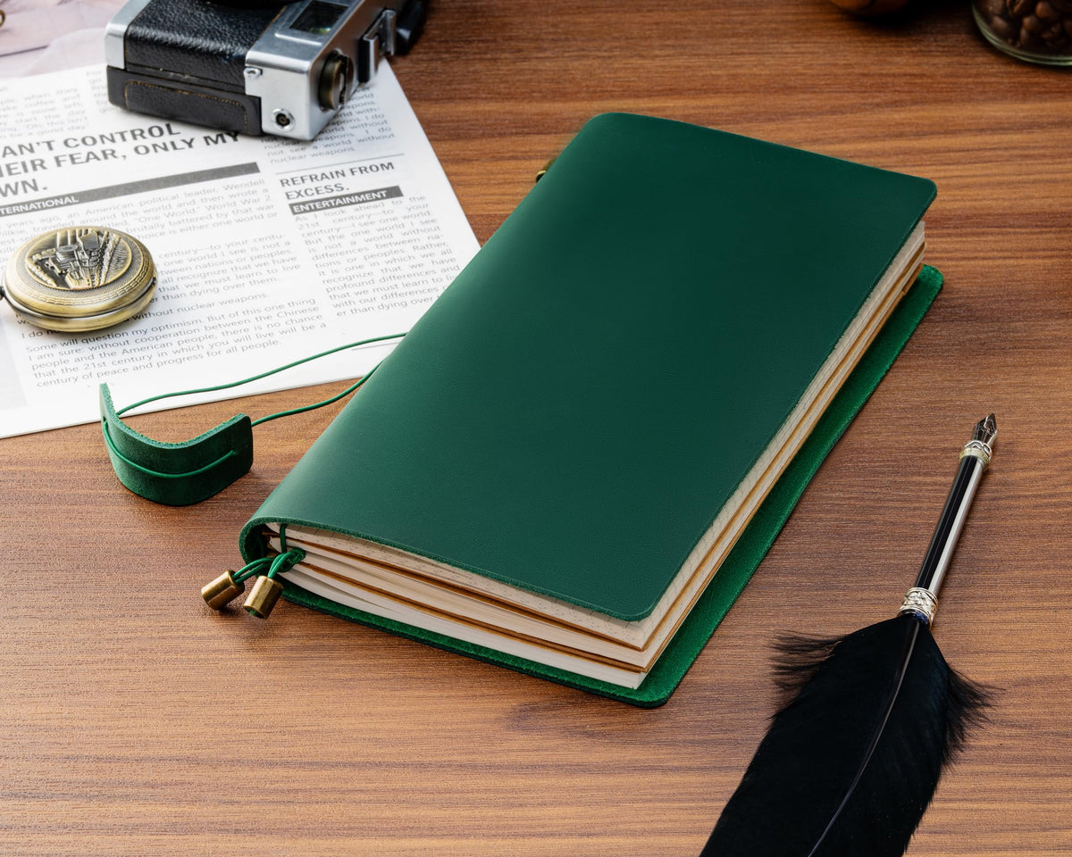 Ox Knight Refillable Leather Travelers Notebook, 8.6 x 4.9 Standard Size Travel Diary for Men and Women, Genuine Leather Travel Journal with 3 Notebook Inserts for Writing, Sketching & Planning, Green