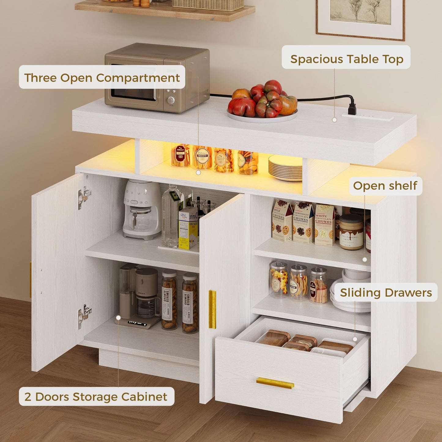 IRONCK Buffet Cabinet, Sideboard Cabinet with Power Outlet and LED Light, Modern Storage Cabinet with Drawer, Coffee Bar Cabinet with Doors and Shelves for Kitchen, White