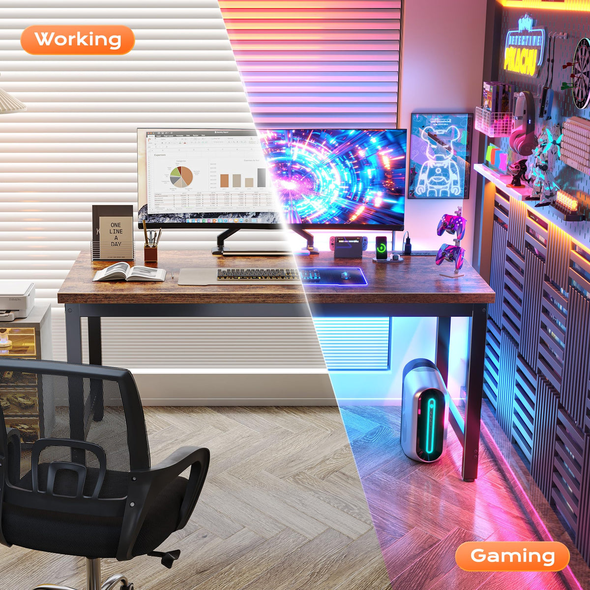 Huuger 55 x 24 inch Desk with Power Outlets & USB-C, Deeper & Thicker Desktop, Robust Metal Tubes, Computer Desk, Heavy Duty Office Desk, Work Gaming Desk for Home Office, Rustic Brown