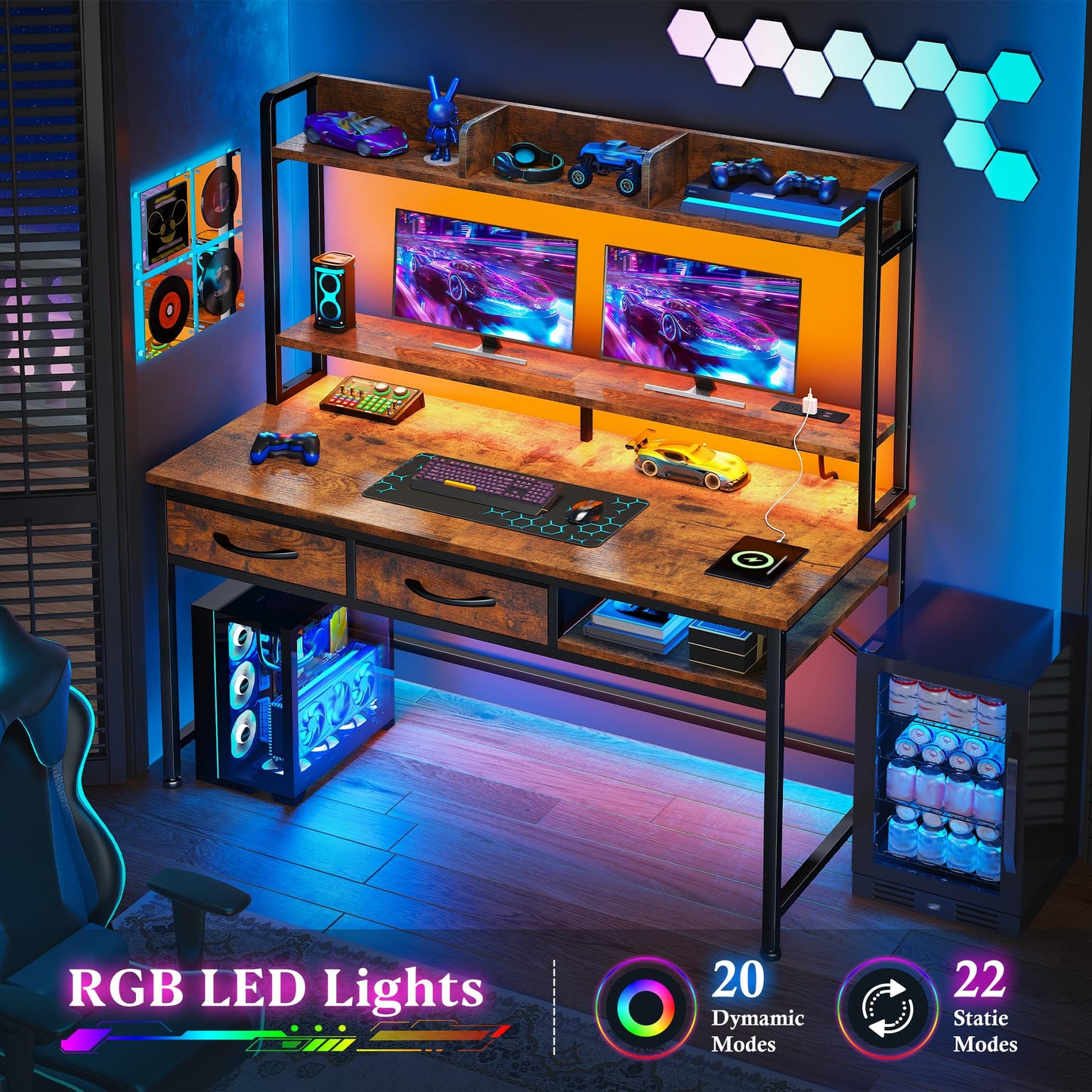 39.4"Office Desk with 2Drawers&Hutch,Computer Desk with Storage Rack&Monitor Stand,Gaming desk with LED&Power Outlet,Modern Study Writing Desk for Bedroom Home Office,Small Space,Rustic Brown