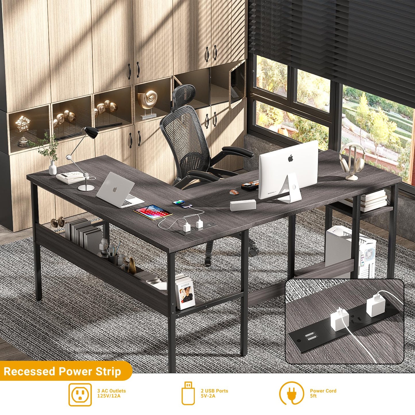 Unikito Reversible L Shaped Desk with Magic Power Outlets and USB Charging Ports, Sturdy Corner Computer Desk with Storage Shelves, Gaming Table Home Office Desk, Easy to Assemble, Enoch Walnut