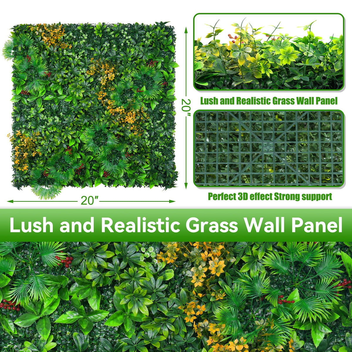 Grass Wall Panels, 20"x20" 16pcs Artificial Grass Backdrop Wall with Tropical Leaves, UV-Anti Faux Greenery Plant Boxwood Panels for Privacy Fence Screen, Green Wall Decor for Outdoor Indoor