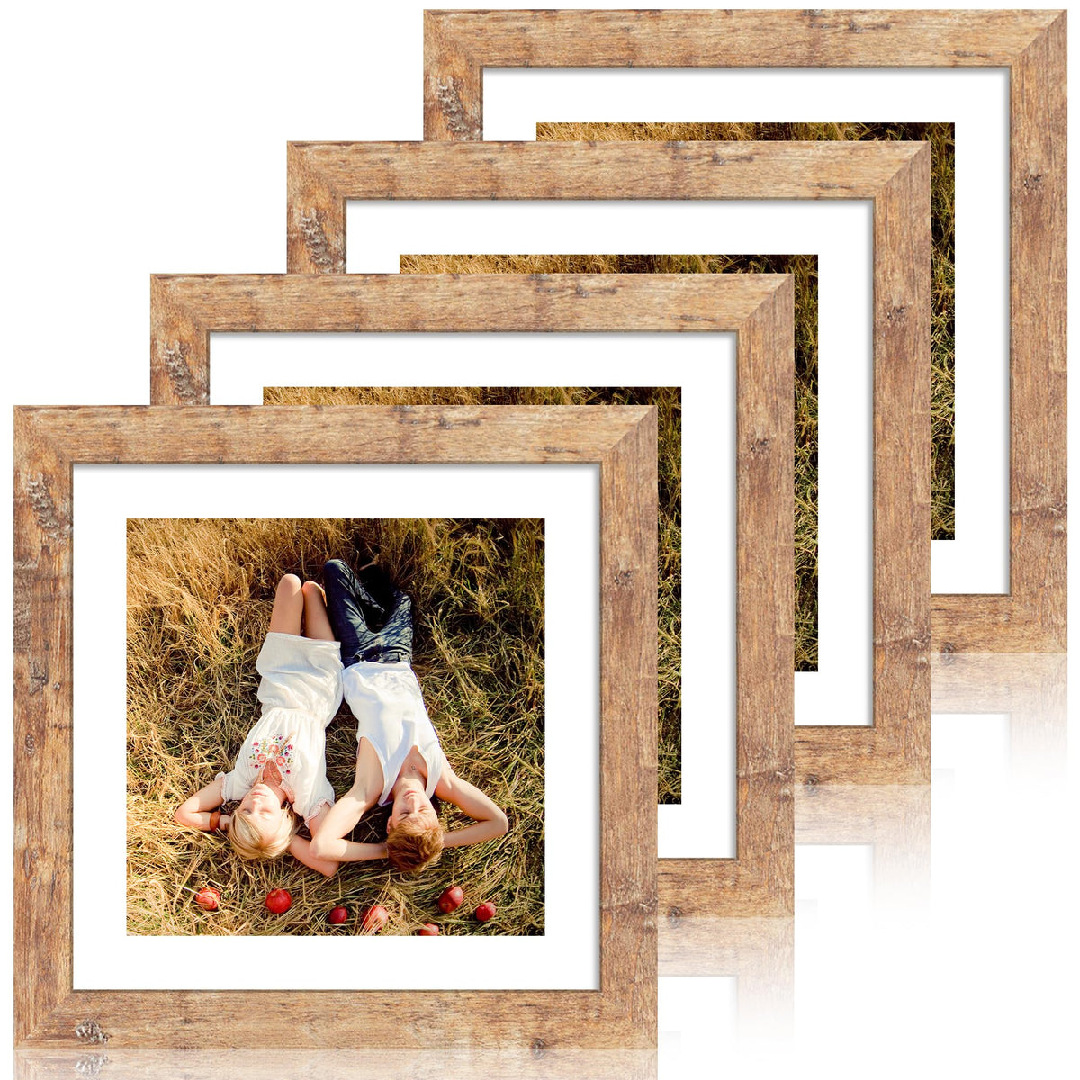 iRahmen 10x10 Picture Frame Set of 4 with Real Glass, Rustic Brown Frames Display 8x8 Picture with Mat or 10 x 10 Without Mat, Wooden Square Photo Frame for Wall Mount and Tabletop Display