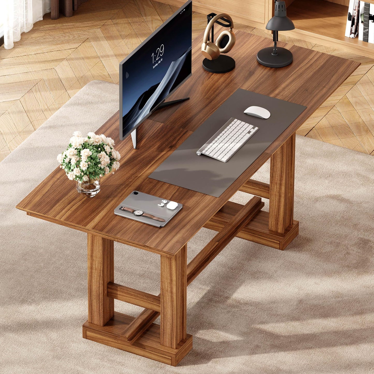 DWVO 70 Inch Computer Desk, Large Executive Office Table Workstation, Modern Farmhouse Style Laptop Wooden Sturdy Legs Writing Desk Business Furniture for Home, Dark Walnut