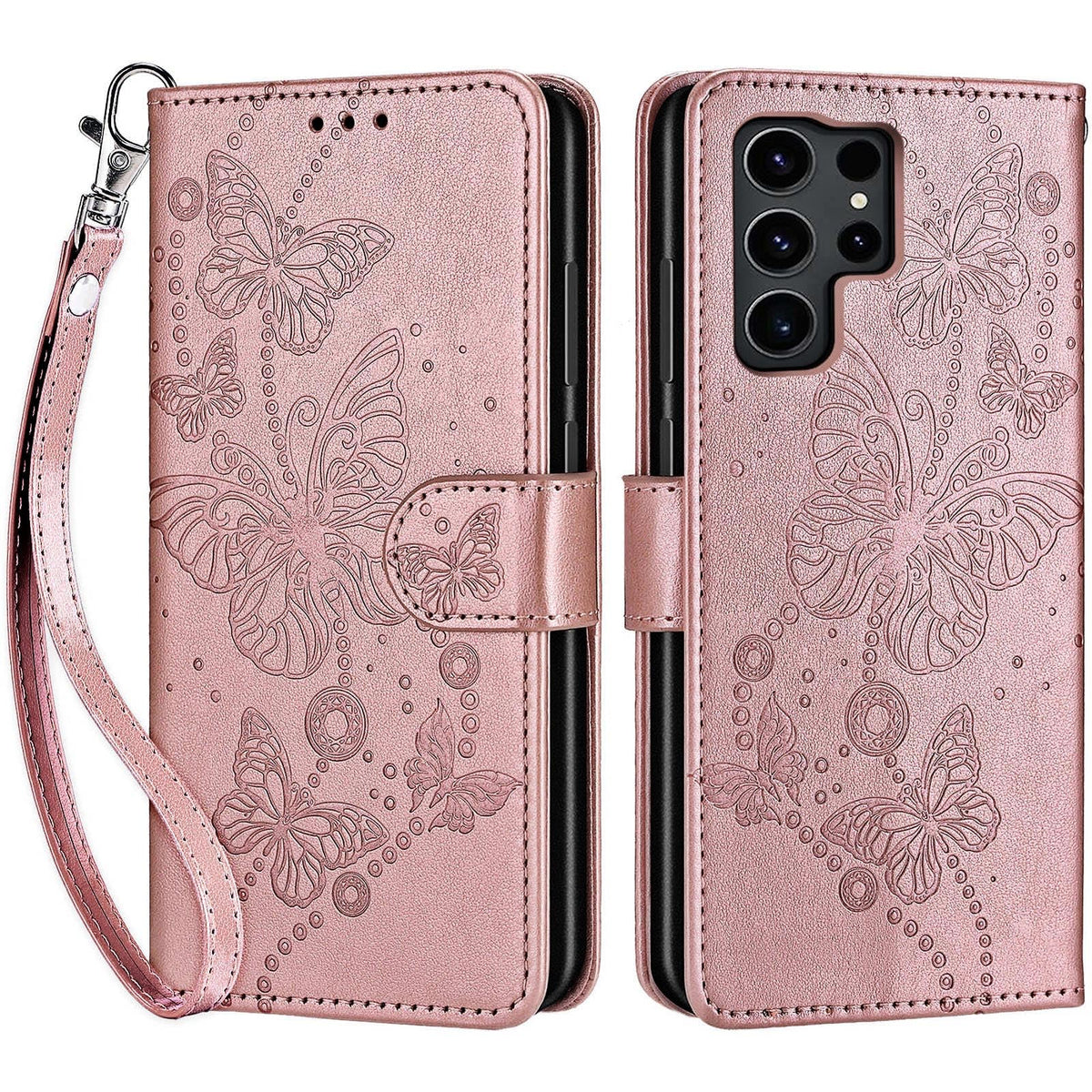 SASYMALY for Samsung Galaxy S24 Ultra Wallet case, Flip Folio Cover with Stand Feature for Women Men, PU Leather Phone Case Fit for Samsung Galaxy S24 Ultra [Rose Gold-Butterfly]