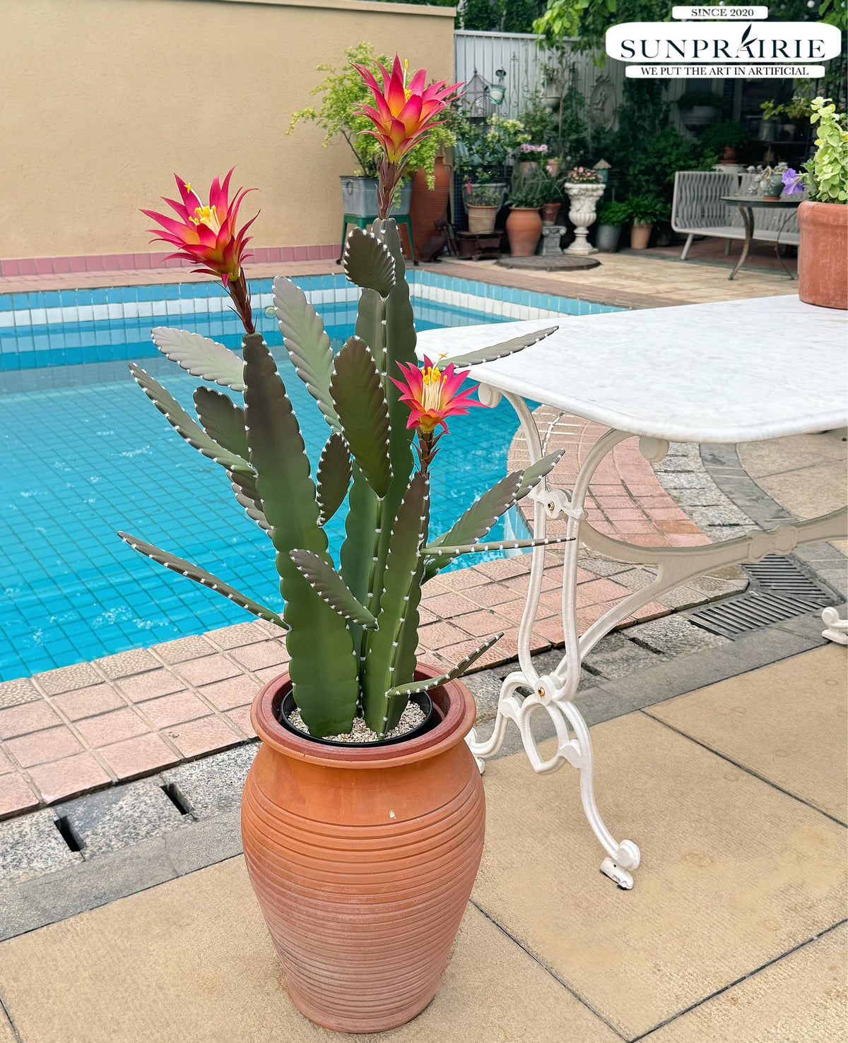 SUNPRAIRIE 33 Inch Large Artificial Cactus with Magenta Flowers in Pot with Natural Gravel. Satin Finish Leaves with Real Look and Feel. Outdoor and Indoor Faux Plants.