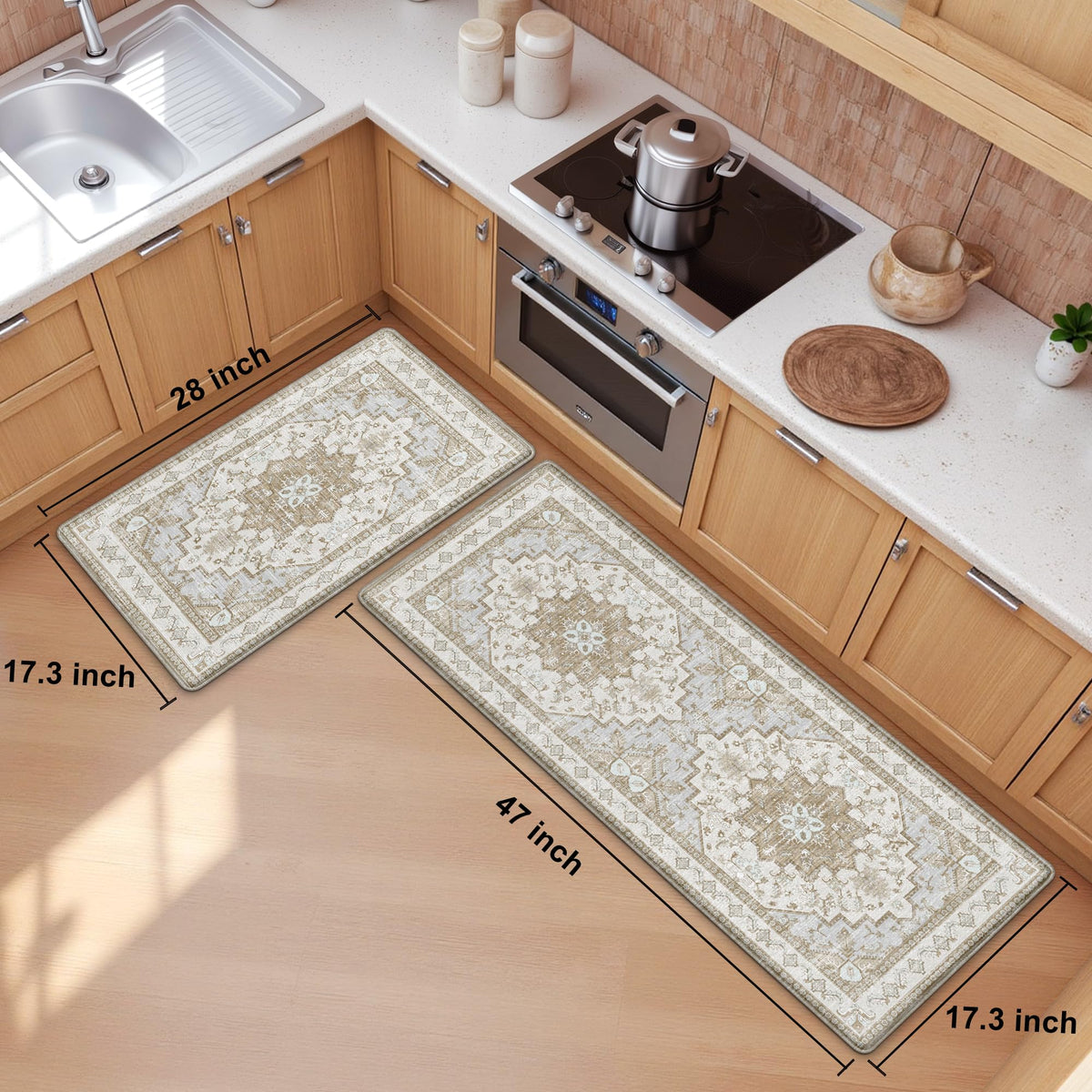 Boho Kitchen Mats for Floor 2 Piece Set Anti Fatigue Cushioned PVC Kitchen Rugs Non Slip Waterproof Farmhouse Mats 2/5 Inch Comfort Standing Mat for Sink, Laundry, 17.3"x47"+17.3"x28", Beige Tan