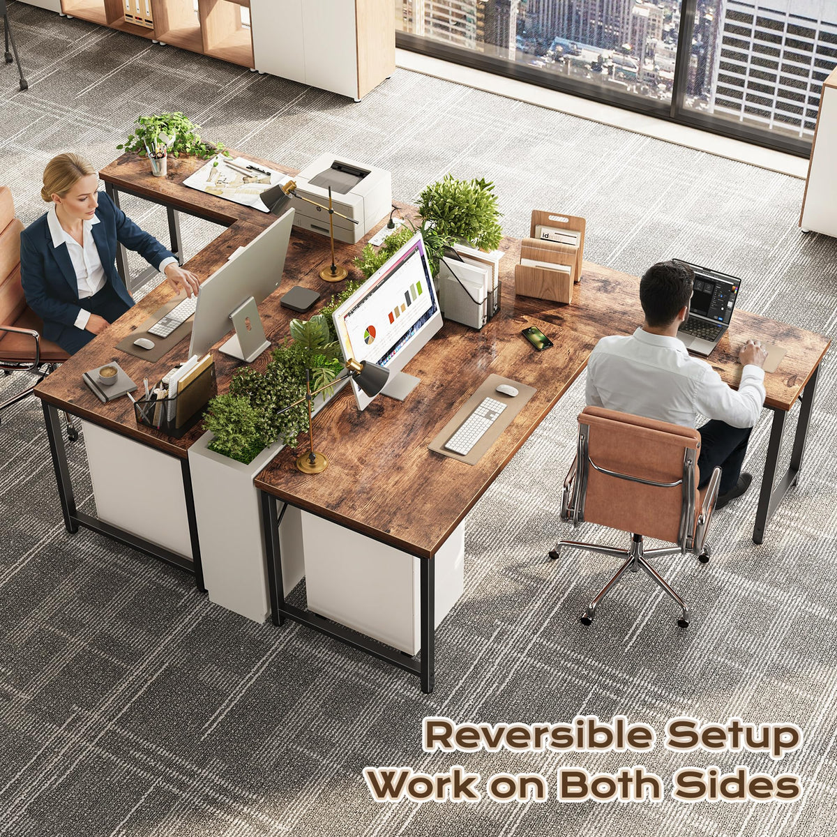 Huuger 55 Inch L Shaped Desk with Power Outlets and USB-C Port, 0.95 Inch Thicker Desktop, Reversible Computer Desk, Larger Office Corner Gaming Desk, Metal Frame, for Home Office, Study, Rustic Brown