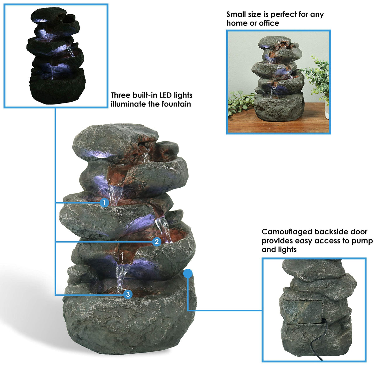 Sunnydaze Tabletop Water Fountain - Stacked Rocks 10.5 Inch Relaxing Desktop Water Fountain with LED Lights - Office, Bedroom, Living Room
