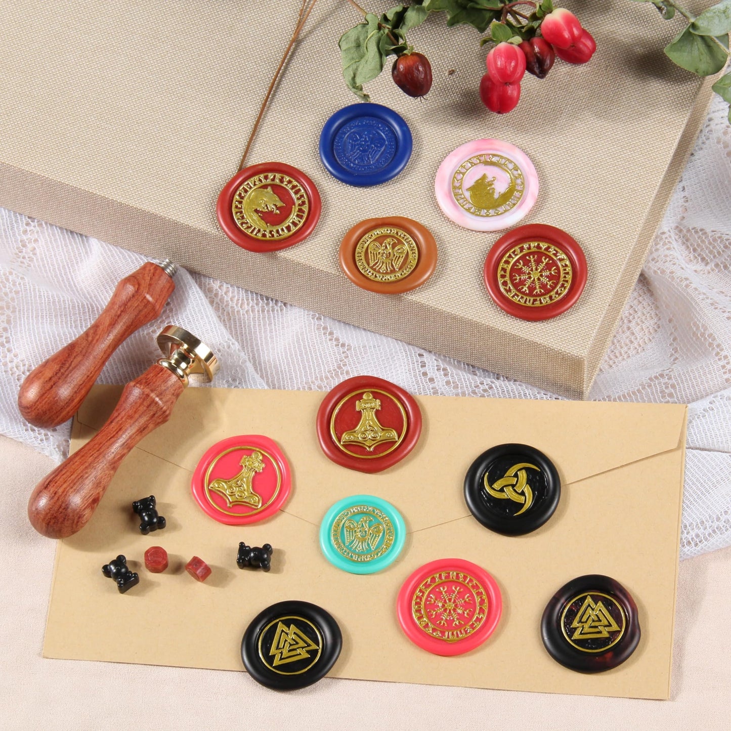 Vegvisir Viking Rune Wax Seal Stamp Set 6PCS Vegvisir Viking Sealing Wax Stamp Heads 0.98''/25mm Custom Wax Stamp 1PCS Wooden Hilt Sealing Stamp Set