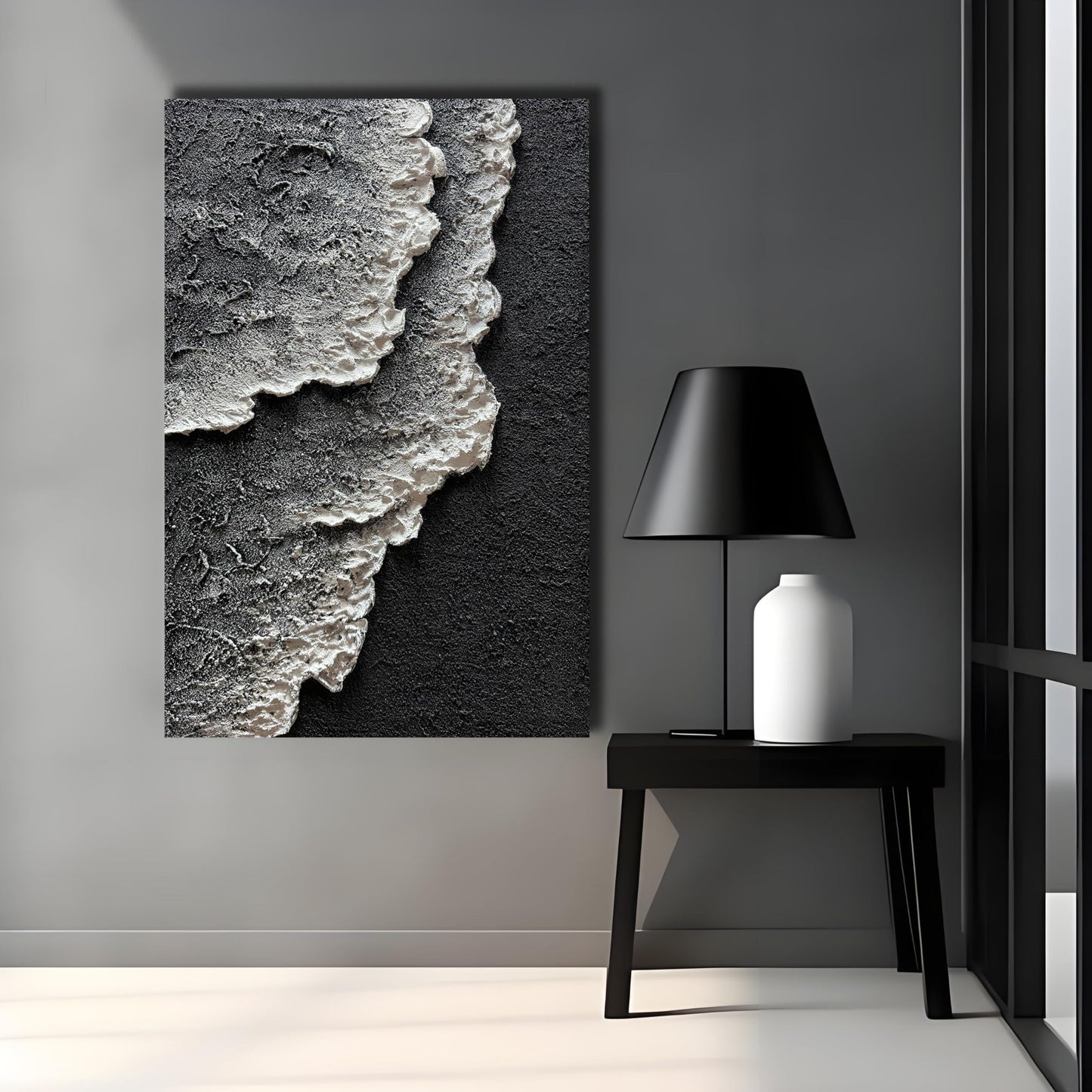 moshinart 24 x 36in Hand-Painted Oil Painting 3D Texture Black White Grey Modern Minimalist Black Abstract Wall Art, Home Office Wall Decoration Sea Wave 7
