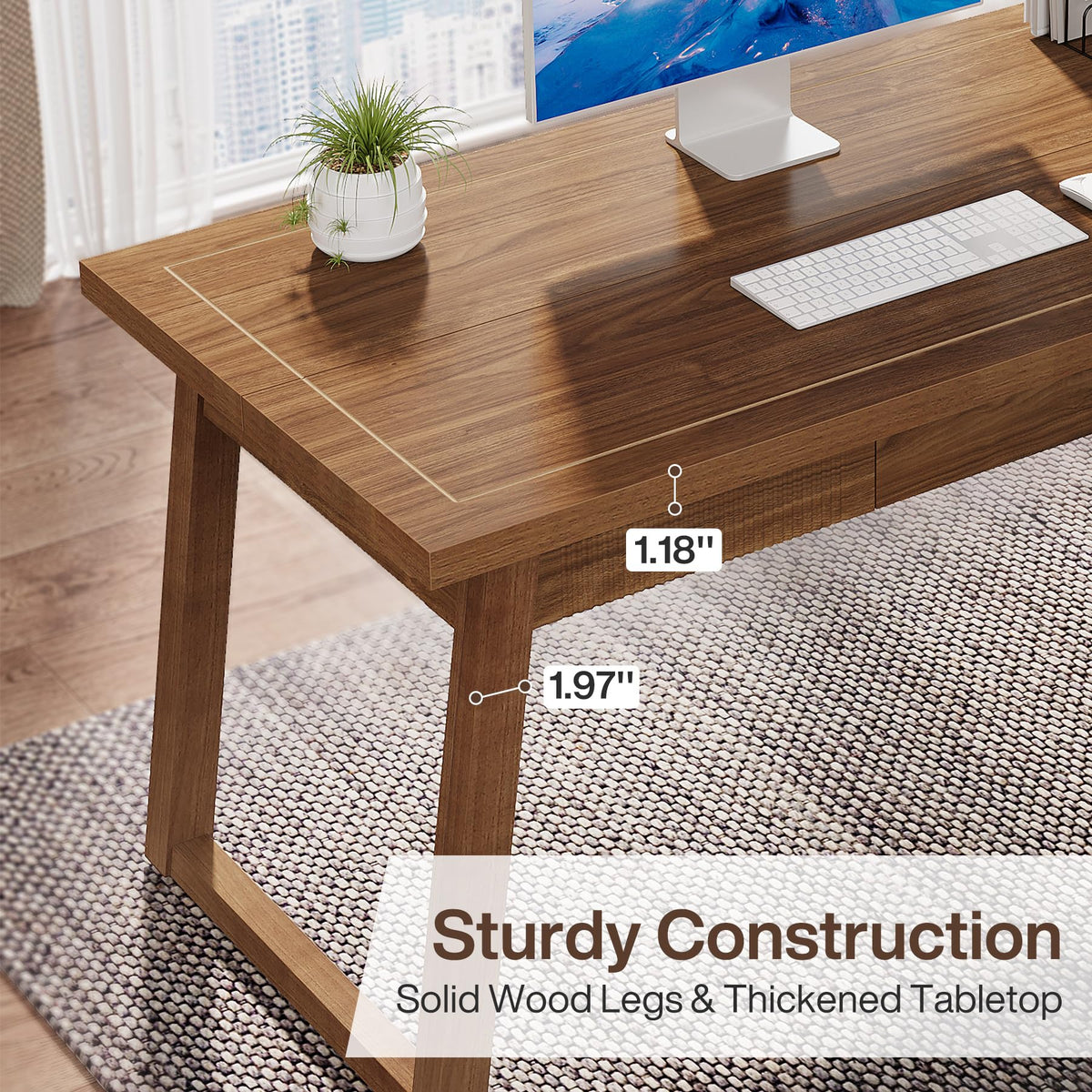 Tribesigns Home Office Executive Desk: 55 Inches Wooden Computer Desk with Drawer, Mid-Century Modern Study Writing Table, Rustic PC Laptop Desk Workstation Furniture, Walnut Brown