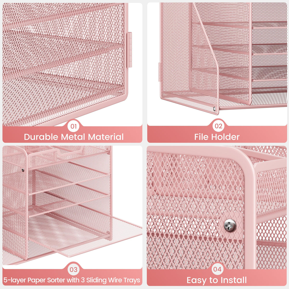 Lavatino Desk Organizer, 5-Tier Metal Mesh Paper Letter Tray with File Holder & 7 Flexible Dividers for Office or Home Desk Organizers and Accessories, Keep Workspace Supplies Neat & Organized, Pink