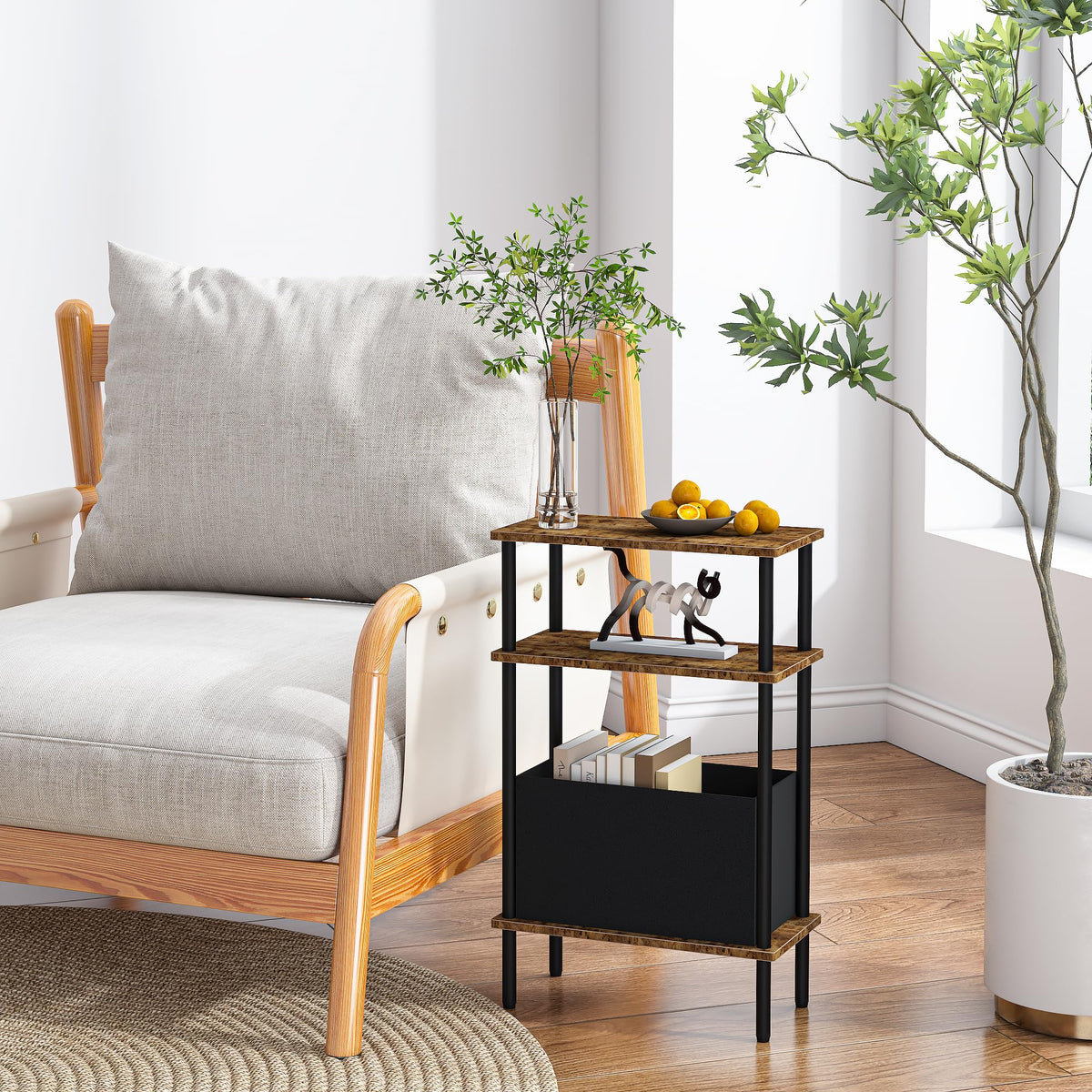 Newmics Narrow Side Table with Fabric Basket, End Table for Small Spaces, Slim Nightstand with 3-Tier Storage Shelf, Sofa Beside Table, for Living Room, Bed Room, Rustic Brown