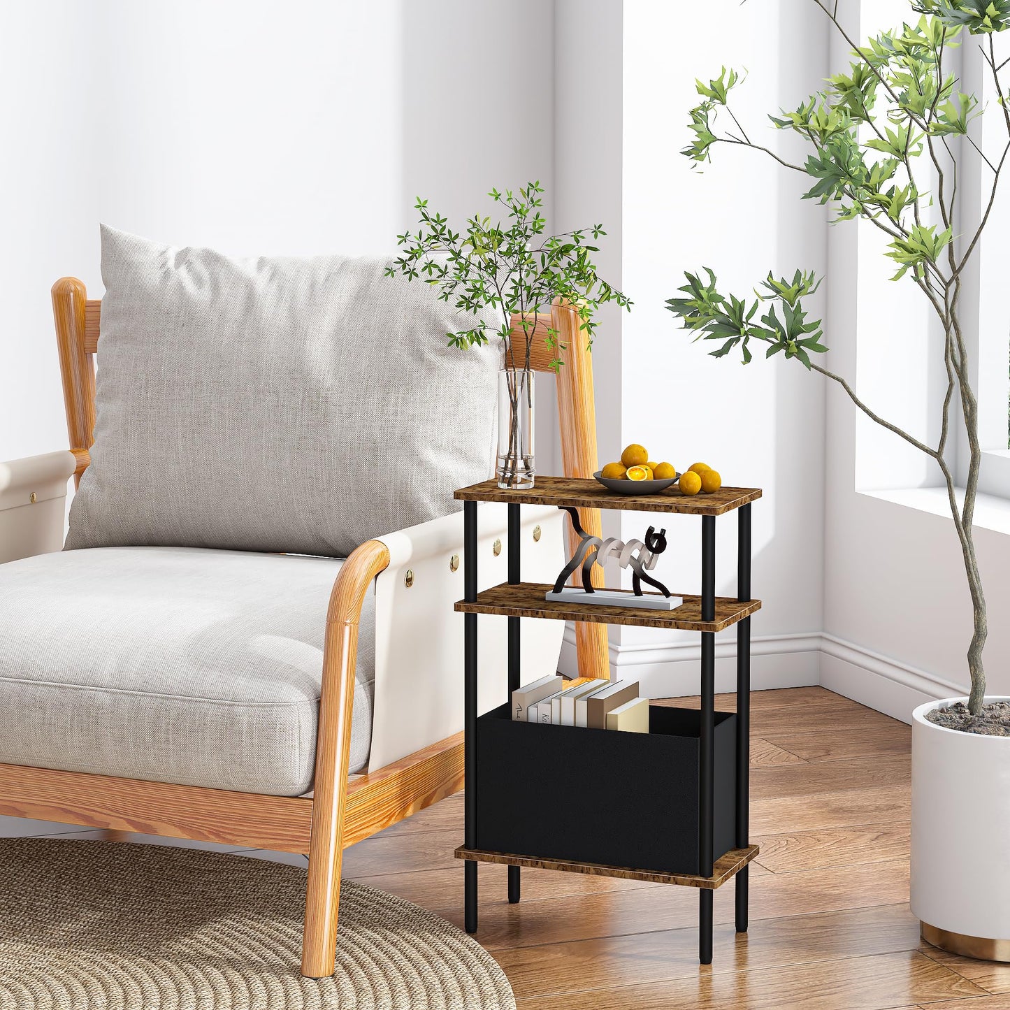 Newmics Narrow Side Table with Fabric Basket, Set of 2 End Table for Small Spaces, Slim Nightstand with 3-Tier Storage Shelf, Sofa Beside Table, for Living Room, Bed Room, Rustic Brown