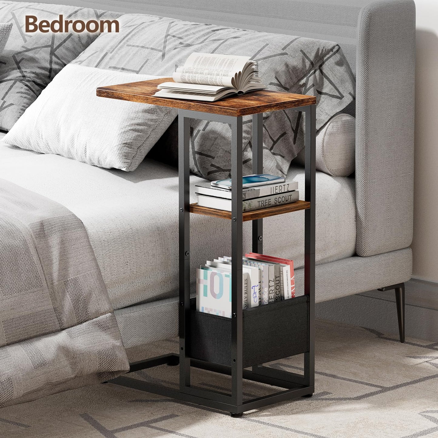 Yuede C Shaped End Table, Small Side Table for Couch, Recliner, Slide Under Sofa Tray Desk Snack Tables with Storage Bag for Living Room,Bedroom, Small Spaces - Rustic Brown