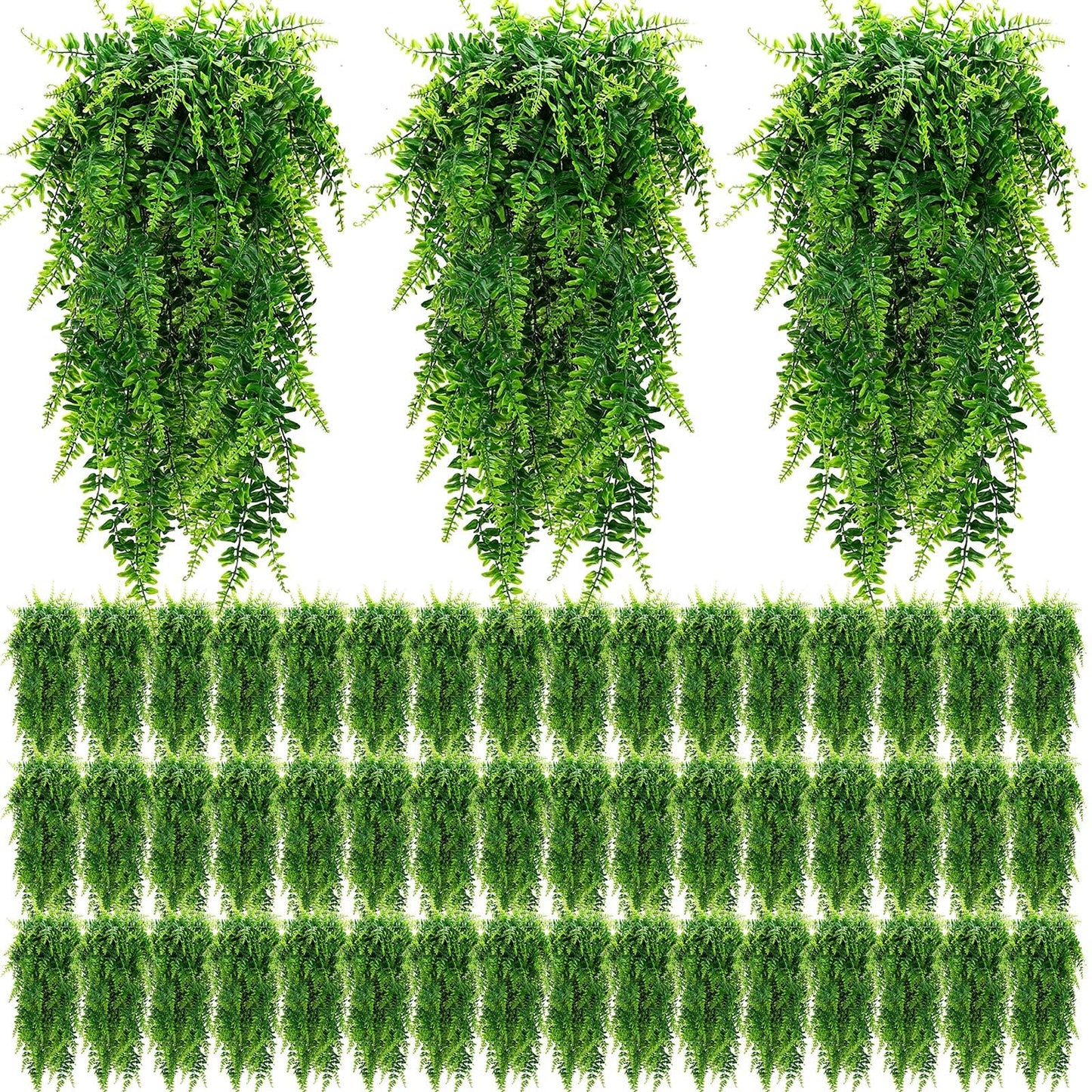 Geosar 96 Pcs Artificial Hanging Plants 32 Inch Hanging Boston Ferns Plastic Fake Plants for Wall Room Garden Wedding Garland Indoor Outdoor Decoration, No Basket