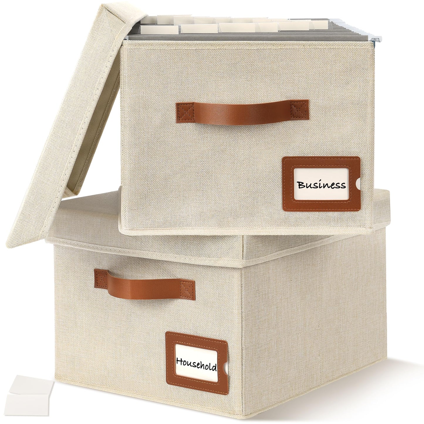 Storage Standard 2-Pack File Organizer Box with Lid - Collapsible Hanging Linen Document Organizer Portable File Boxes, Lightweight & Portable Filing Box Crates with Handles & Extras, Ivory