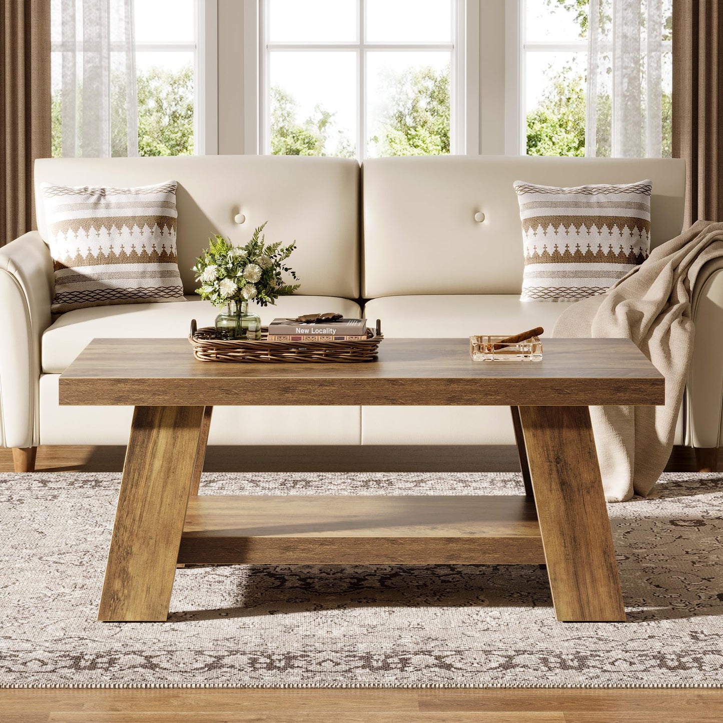 Tribesigns Farmhouse Coffee Tables for Living Room, 47.24" Rectangle Coffee Tables with Storage Shelves, Rustic Wooden Center Table for Apartment, Home Office (Rustic Brown)