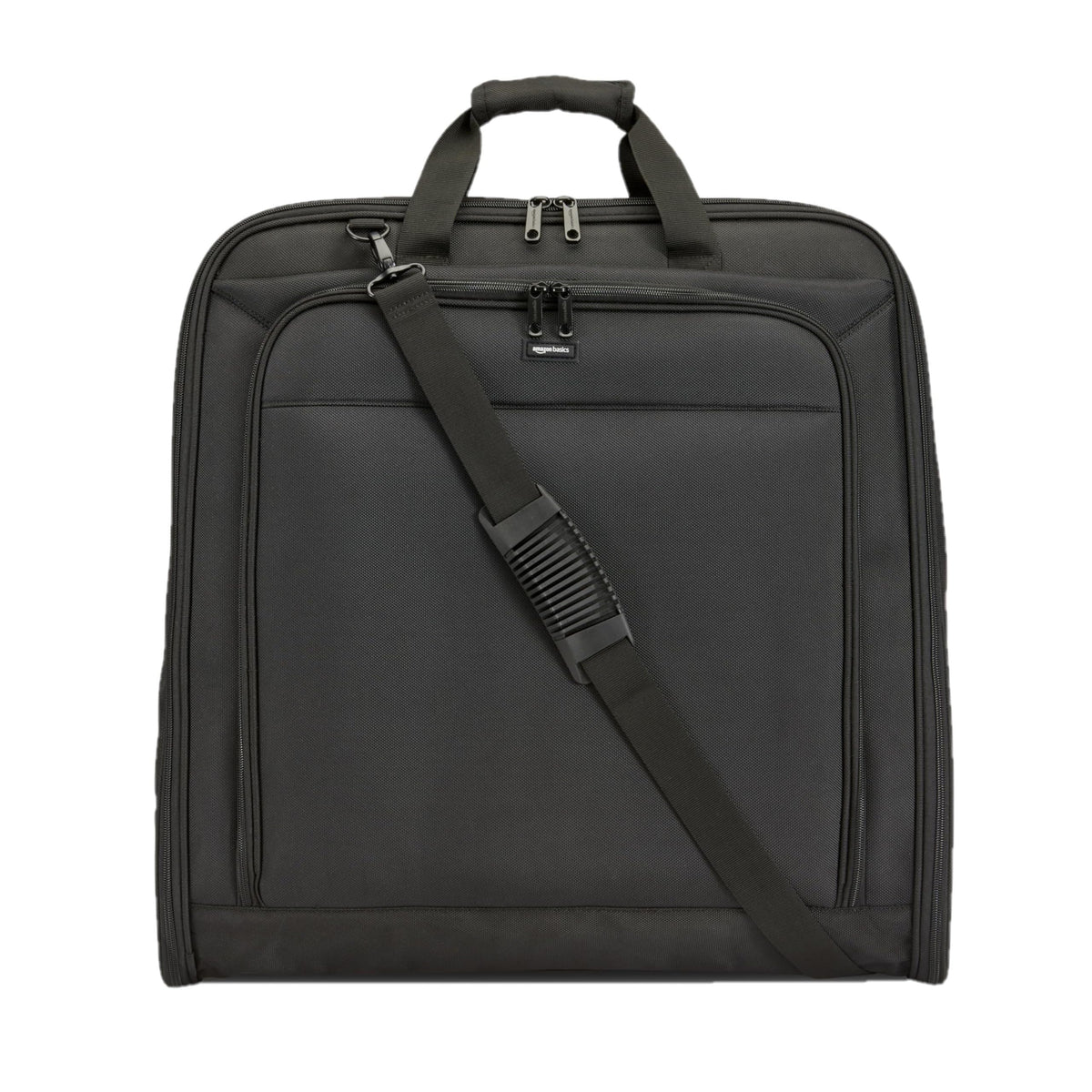Amazon Basics 46" Premium Garment Bag for Travel, Suit Bag with Shoulder Strap for Suits and Dresses, 1680D Polyester Fabric, Exterior/Interior Pockets, Leather-reinforced Corners, Trifold, Black