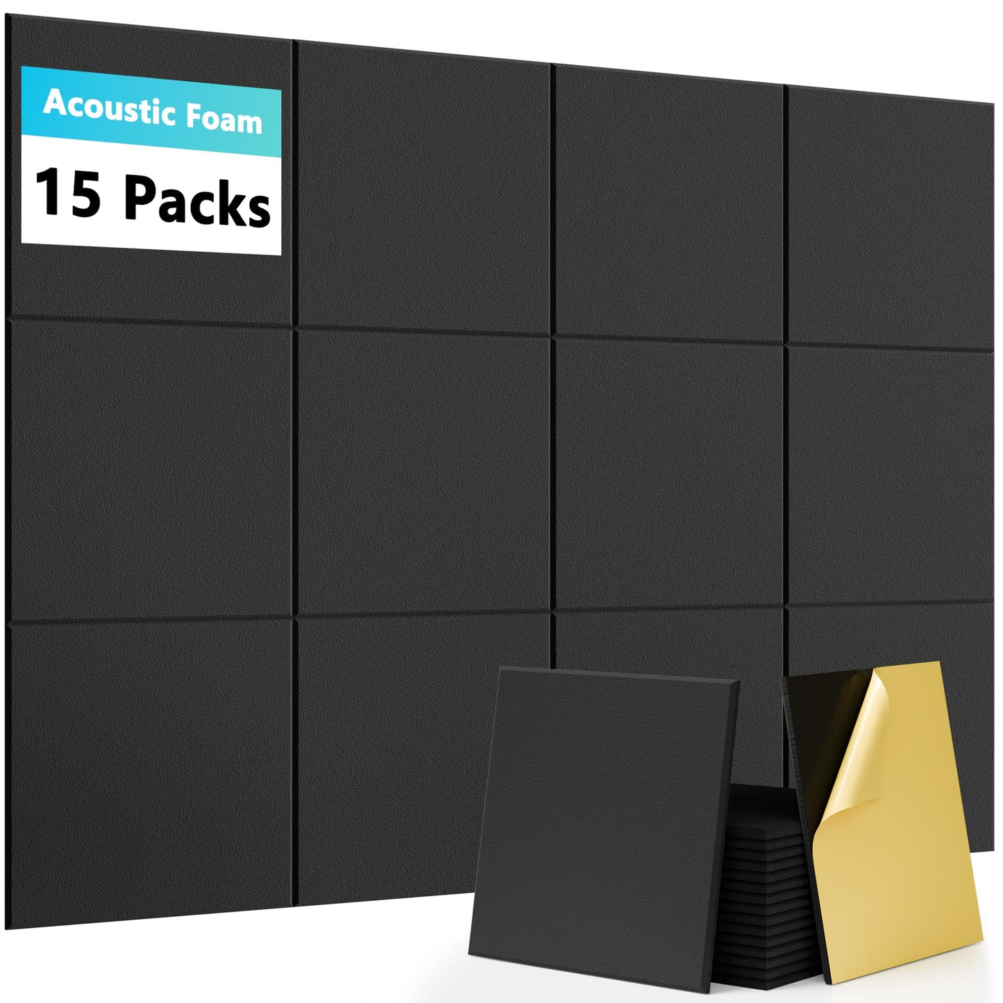 15 Pack Self-Adhesive Sound Proof Foam Panels for Walls, Acoustic Panels 12" x 12" x 0.35" High Density Sound Absorbing Tiles for Home Studio, Office, Gaming Room & Theater