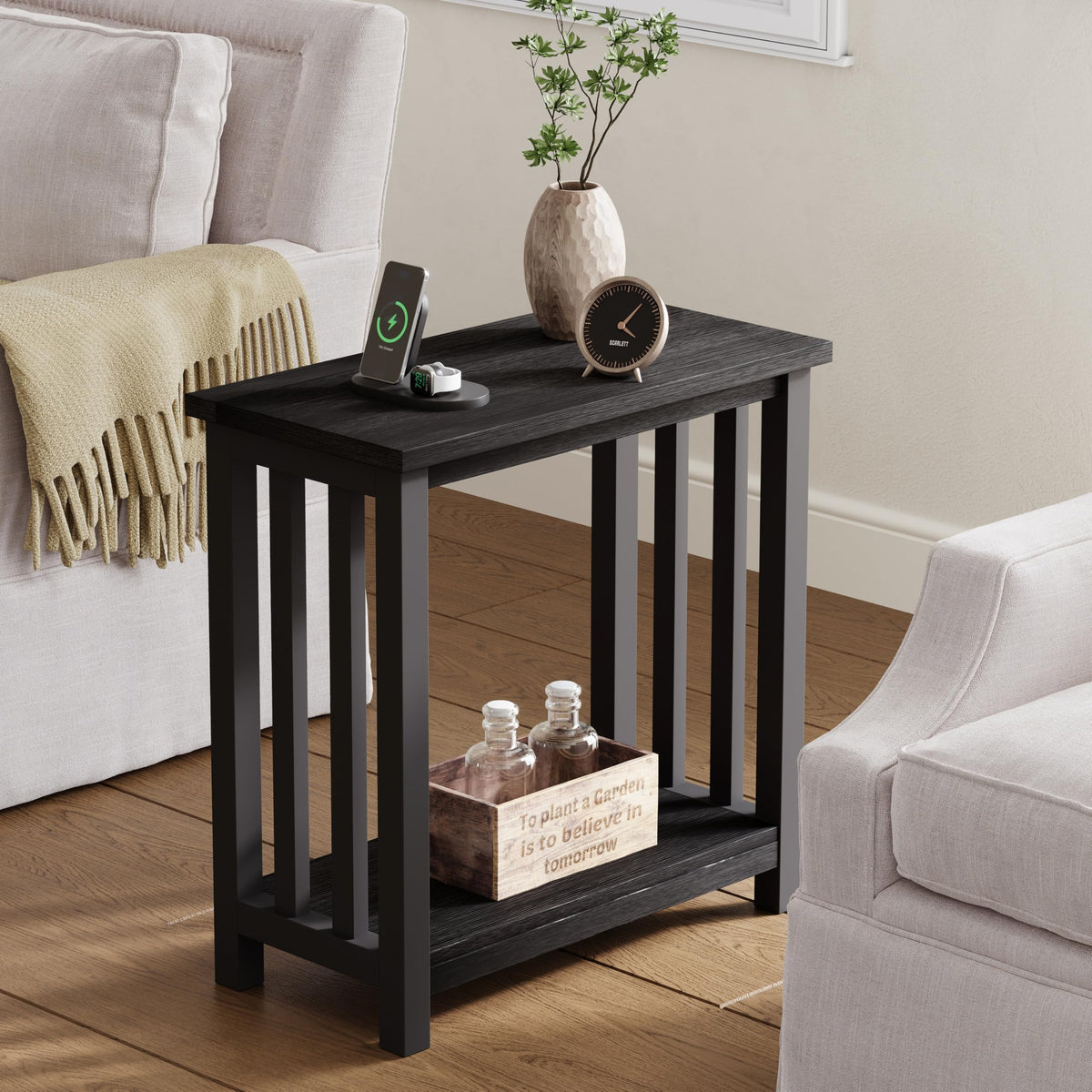 ChooChoo Black End Table for Small Spaces, Narrow Side Table, Night Stand with Storage Shelf for Living Room and Bedroom