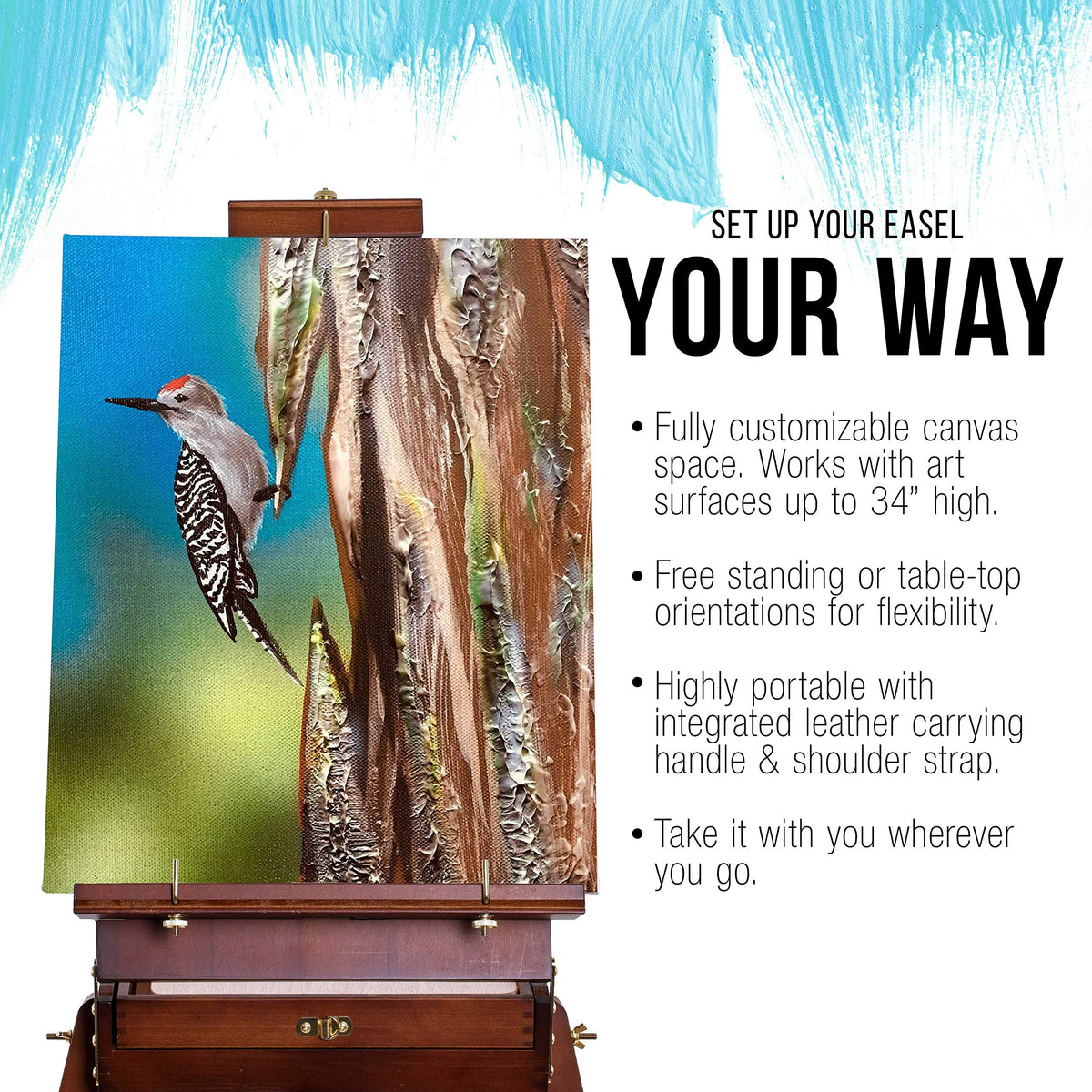 U.S. Art Supply Large Walnut French Easel, Adjustable Plein Air Easels, Beechwood Sketchbox Tripod for Field & Studio Painting Easel for Adults, Drawing, Display - Portable with Drawer & Palette