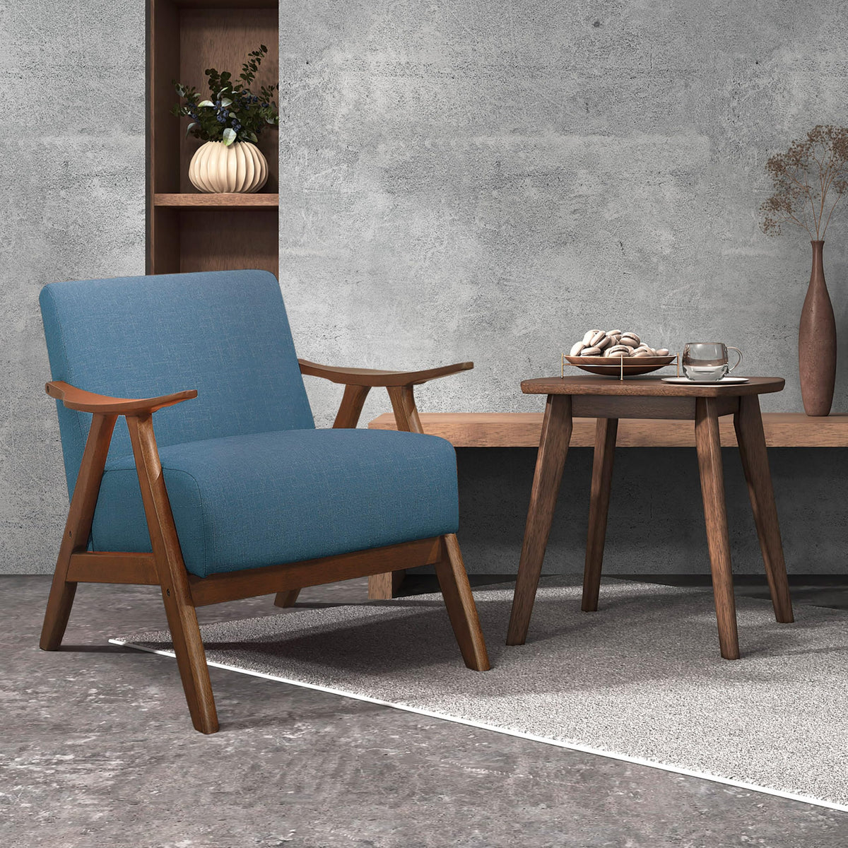 Lexicon Mid Century Modern Accent Chair with Solid Wood Frame in Walnut Finish, Upholstered Living Room Lounge Arm Chair, Thick and Comfy Innerspring Seat Cushion, Linen-Look Fabric, Blue