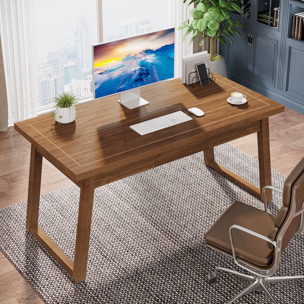 Tribesigns Home Office Executive Desk: 55 Inches Wooden Computer Desk with Drawer, Mid-Century Modern Study Writing Table, Rustic PC Laptop Desk Workstation Furniture, Walnut Brown