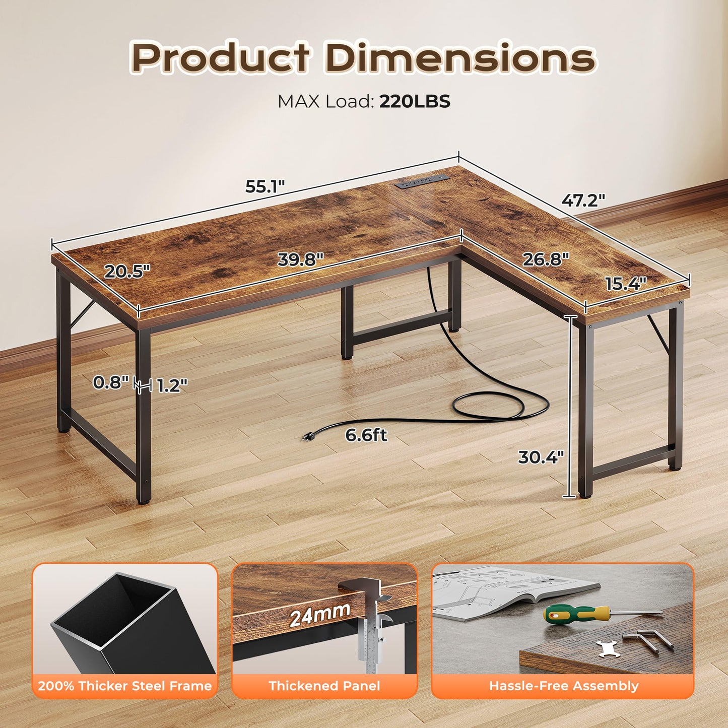 Huuger 55 Inch L Shaped Desk with Power Outlets and USB-C Port, 0.95 Inch Thicker Desktop, Reversible Computer Desk, Larger Office Corner Gaming Desk, Metal Frame, for Home Office, Study, Rustic Brown