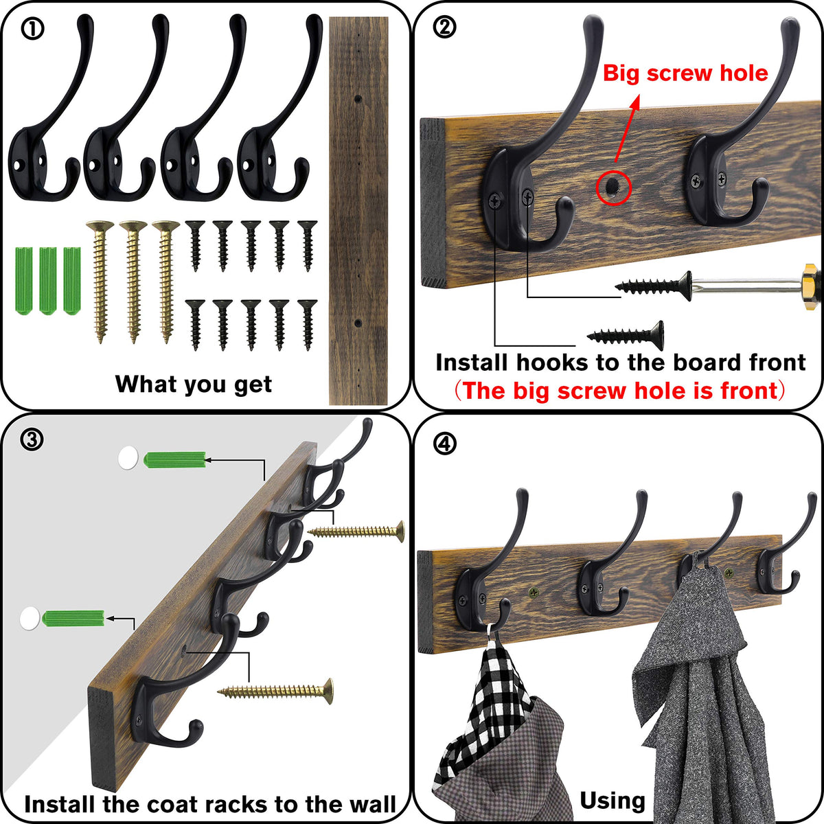 IBosins Wall Mounted Coat Rack, Entryway Hanging , Metal Wood Rack with 4 Black Literary Rustic Hooks Rail for Scarf, Bag, Towel, Key, Cap, Cup, Hat (Brown)