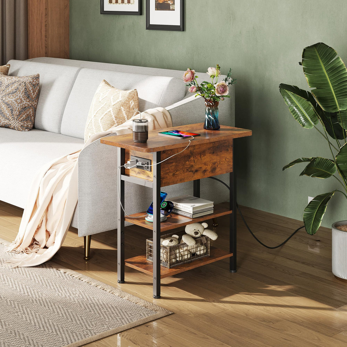 WLIVE End Table with Charging Station, Flip Top Narrow Side Table with Storage Shelf, Small Nightstand with USB Ports and Outlets,Bedside Table for Living Room, Bedroom,11.81" D x 23.62" W x 24.33" H