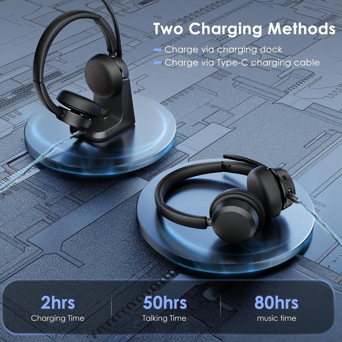 Mopchnic Wireless Headset with Noise Cancelling Microphone, On-Ear Bluetooth Headset with USB Dongle, Mute Function & Charging Base, Wireless Headphones for Work from Home and Call Center (Black)