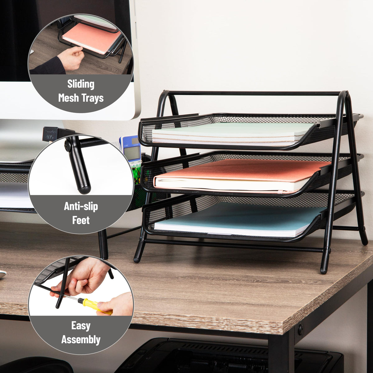 Mind Reader 3-Tier Paper Tray, Desktop Organizer, File Storage, Office, Metal Mesh, 11.75" L x 13.75" W x 10" H, Set of 2, Black