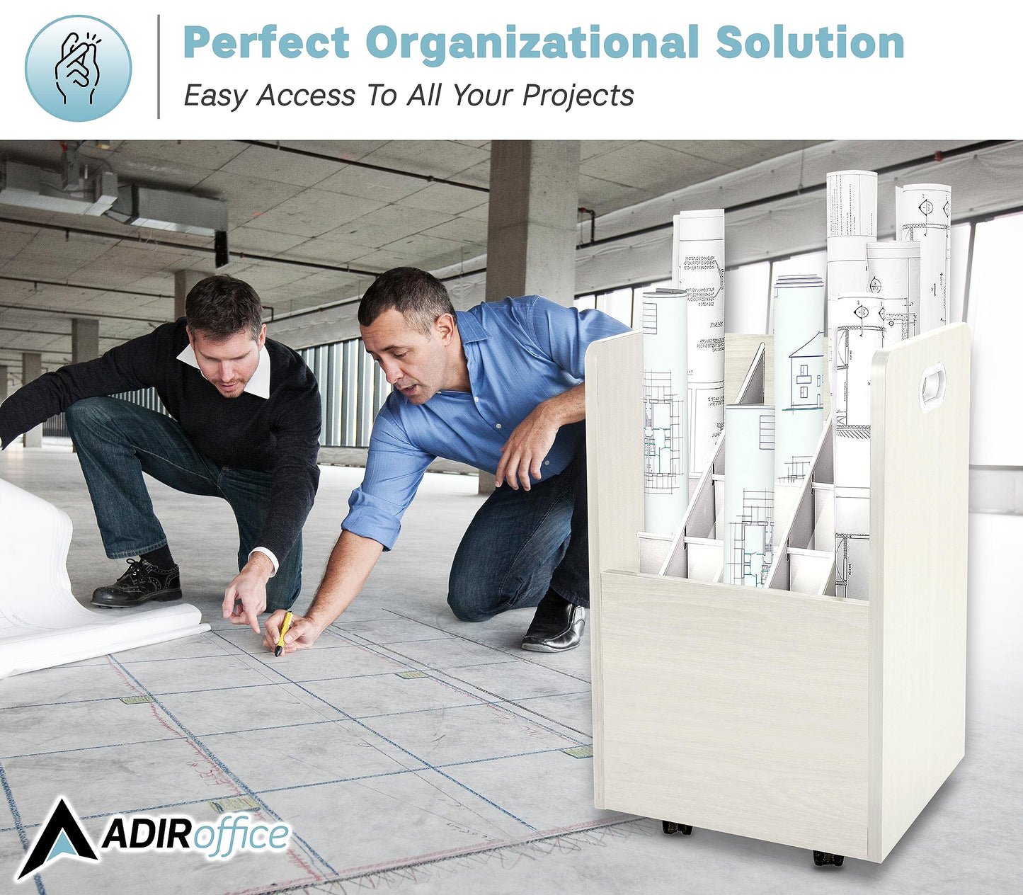 AdirOffice Adir Blue Print Storage Organizer - Mobile Roll File Cart, Construction Plan Holders, Blueprint Cabinet with Wheels, Roll Files Storage for Office and Home (20 Slots, White)