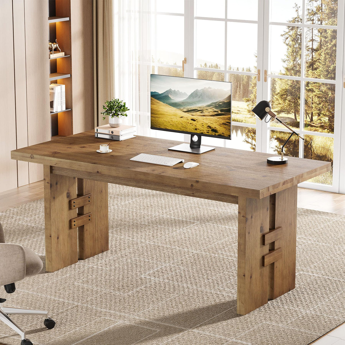 TRIBEWOOD 63-Inch Executive Desk, Solid Wood Office Computer Desk with Large Tabletop, Farmhouse Writing Conference Table Workstation for Home Office, Rustic Brown