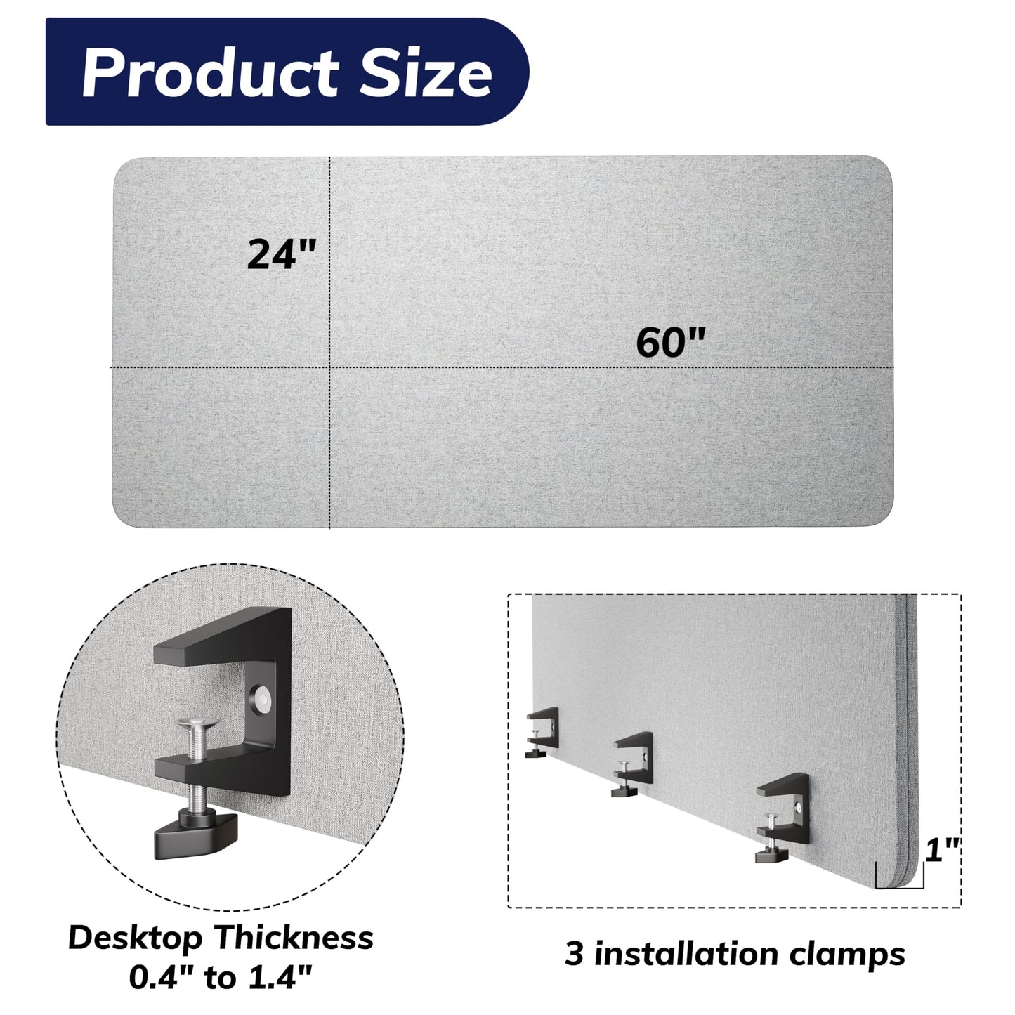 KERRAM Desk Privacy Panel 24 x 60 Inch, Sound Absorbing & Proof Desk Divider for Office, Clamp-on/Screw-on Acoustic Desk Back Panel Partition, Gray