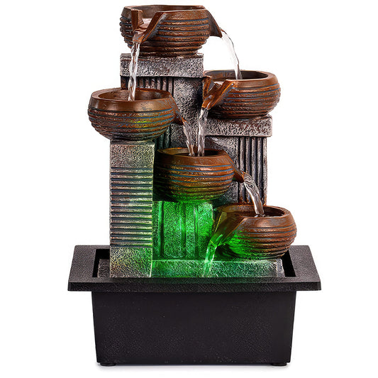 Father'sDen Collection Indoor Fountains and Waterfalls from 5-Tiered Pots-12”H Tabletop Water Fountain-Desk Fountain-Office Decor with Audible Calming Waterfall Sounds-Zen Fountain with Color Lights