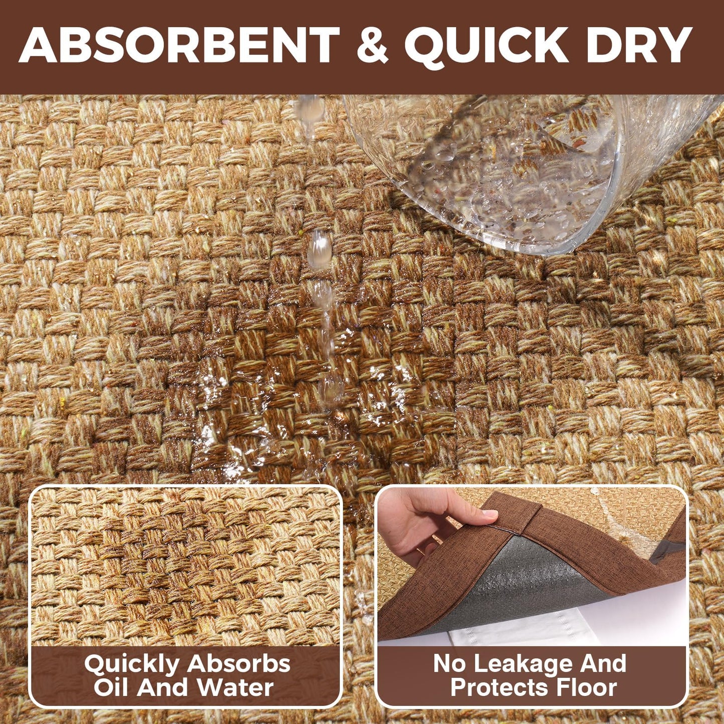 YDKGL Anti Fatigue Kitchen Rugs Mat Non Slip Washable, 0.4" Thick Soft Cushioned Absorbent Kitchen Mats for Floor, Jute-Like Woven Laundry Standing Mats Sink Mat, Easy Clean Care, Brown 17"x30"