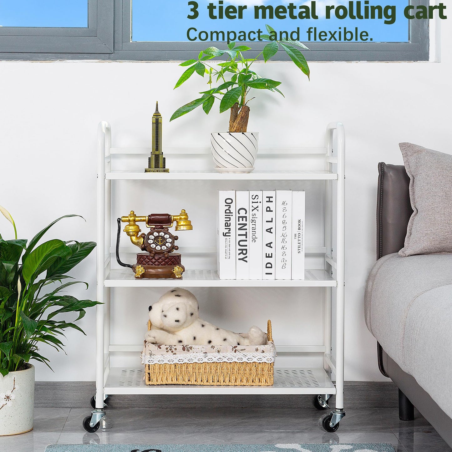 HDANI 3 Tier Metal Rolling Heavy Cart Supports 40 Lbs Per Tier,Mesh Rolling Cart with 2 Lockable Wheels for Office,Home,Bedroom,Kitchen,Bathroom(White)