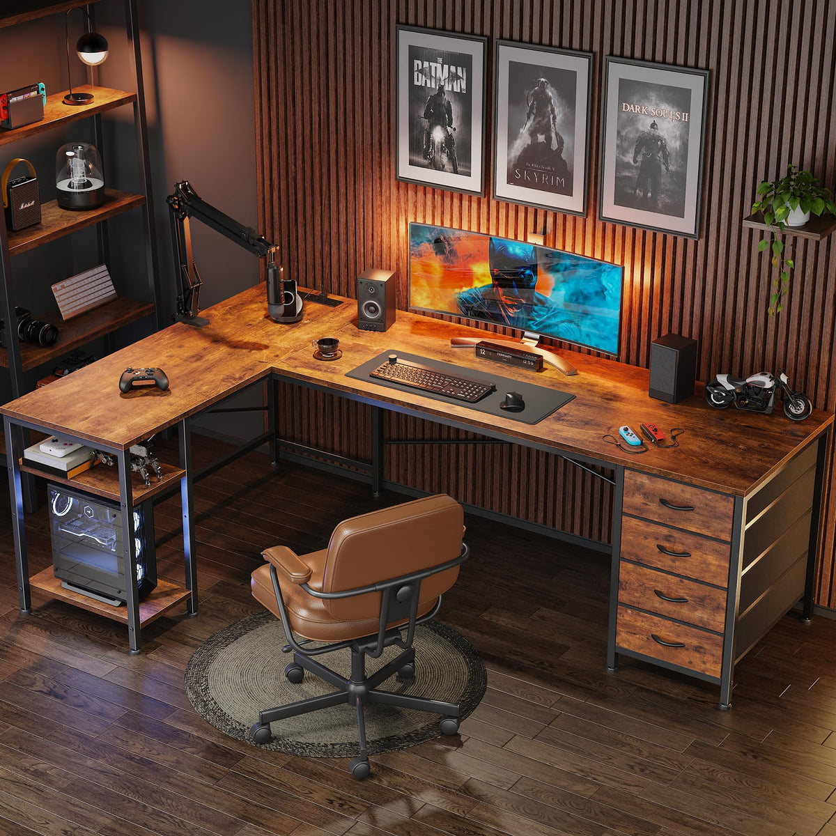 Huuger 63 Inch L Shaped Desk with Fabric Drawers, Computer Office Desk with Power Outlets and USB-C Port, Corner Desk with Storage Shelves, for Gaming Work Study Home Office, Reversible, Rustic Brown