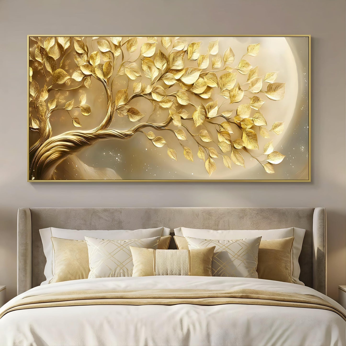 BirdSuite Gold Framed Golden Leaf Money Tree Wall Art, Luxury 3D Effect Canvas Print, Ready to Hang Wall Decor for Living Room Bedroom Office Dining Room Entryway, 58x29 Inch