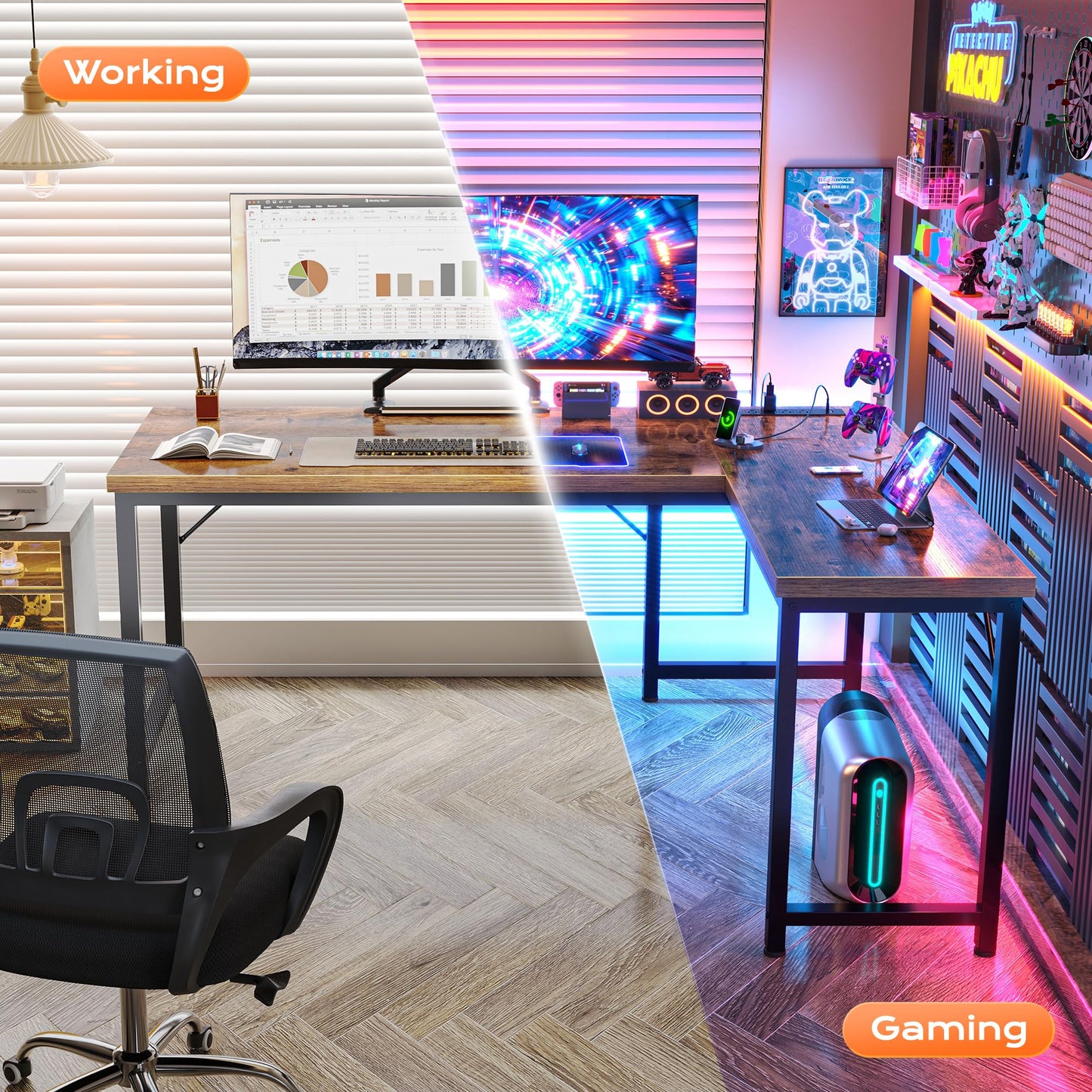 Huuger 55 Inch L Shaped Desk with Power Outlets and USB-C Port, 0.95 Inch Thicker Desktop, Reversible Computer Desk, Larger Office Corner Gaming Desk, Metal Frame, for Home Office, Study, Rustic Brown