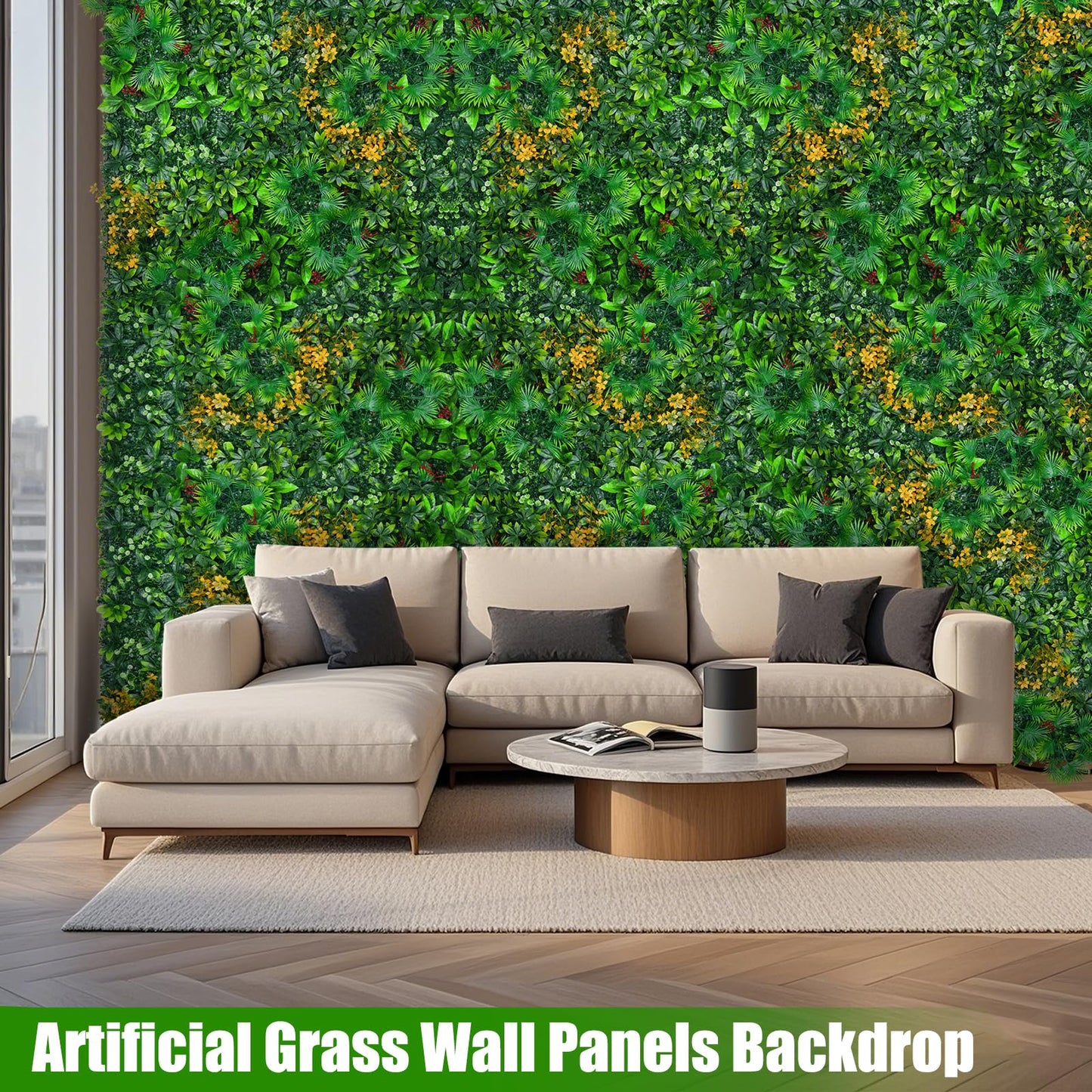 Grass Wall Panels, 20"x20" 16pcs Artificial Grass Backdrop Wall with Tropical Leaves, UV-Anti Faux Greenery Plant Boxwood Panels for Privacy Fence Screen, Green Wall Decor for Outdoor Indoor